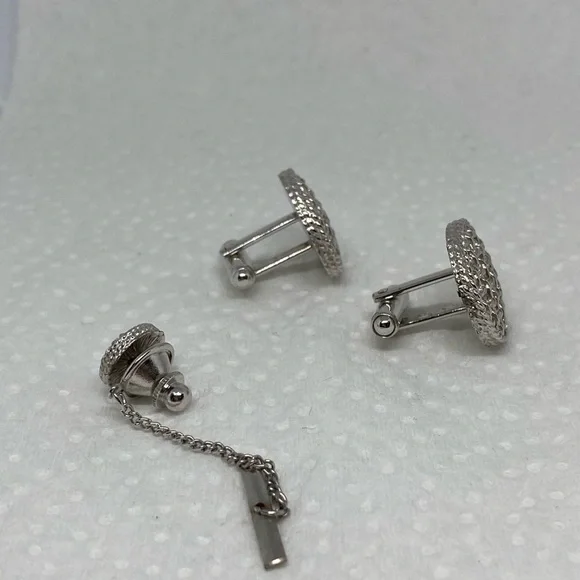 TEXTURED round cufflinks set silver toned classic - Picture 2 of 6